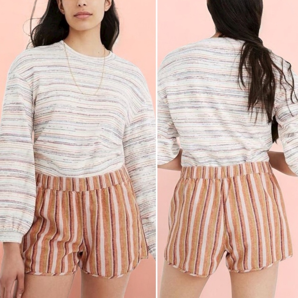 Madewell Linen-Cotton Broome Stripe Tungst Pull-On Shorts in Mulled Cider Medium